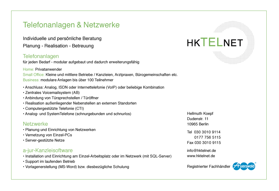 HKTELNET - Telefonanlagen, Netzwerke, a-jur-Kanzleisoftware, Berlin